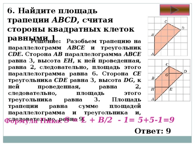 Найдите площадь трапеции изображенной на рисунке стороны квадратных клеток равны 1