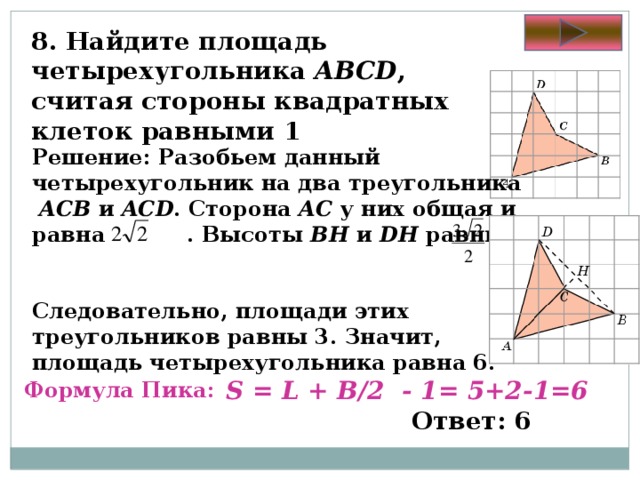 Найдите площадь прямоугольника abcd изображенного на рисунке стороны квадратных клеток равны 1