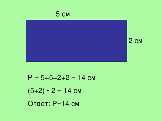 5 см 2 см P = 5+5+2+2 = 14 см (5+2) • 2 = 14 см Ответ: P =14 см