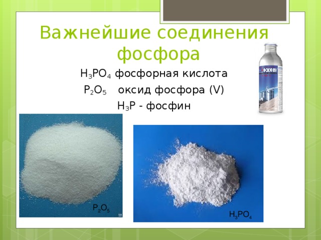Важнейшие соединения фосфора Н 3 РО 4 фосфорная кислота Р 2 О 5 оксид фосфора (V) Н 3 Р - фосфин Р 2 О 5 Н 3 РО 4