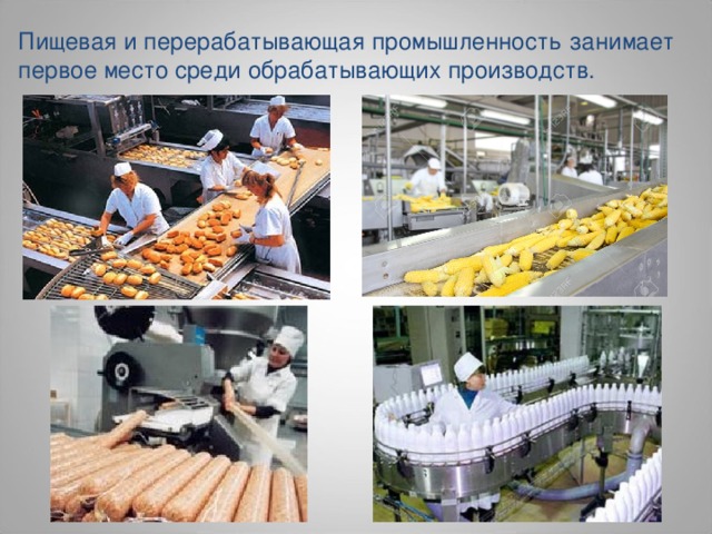 Пищевая и перерабатывающая промышленность   занимает первое место среди обрабатывающих производств. 