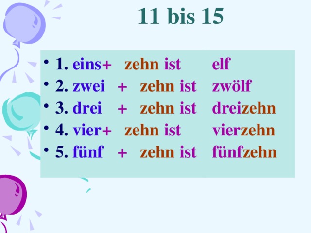 11 bis 15 1.  eins  + zehn  ist 2.  zwei  + zehn  ist 3.  drei  + zehn  ist 4.  vier  + zehn  ist 5.  fünf  + zehn  ist  elf  zwölf  drei zehn  vier zehn  fünf zehn 