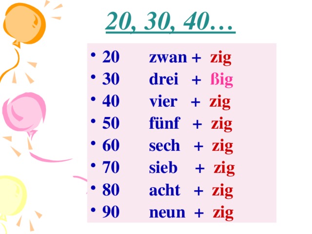 20, 30, 40… 20   zwan + zig  30   drei + ßig 40   vier + zig 50   fünf + zig 60   sech + zig 70   sieb + zig 80   acht + zig 90   neun + zig  