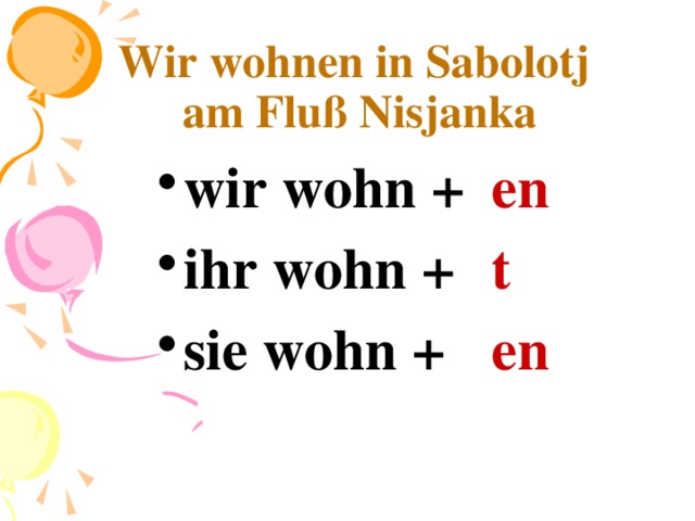 Wir wohnen in Sabolotj  am Fluß Nisjanka en t en wir wohn + ihr wohn + sie wohn +  