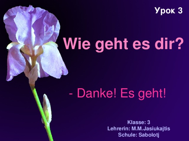 Урок 3 Wie geht es dir? - Danke! Es geht! Klasse: 3 Lehrerin: M.M.Jasiukajtis Schule: Sabolotj 