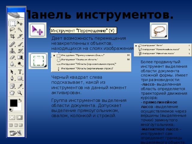 Панель инструментов.   Дает возможность перемещения незакрепленных объектов, находящихся на слоях изображения, и областей выделения. Более продвинутый инструмент выделения области документа сложной формы. Имеет три разновидности: - лассо - выделенная область определяется траекторией движения курсора; - прямолинейное лассо –выделение осуществляемое через вершины (выделенные точки) замкнутого многоугольника; - магнитное лассо – инструмент сам определяет границы выделяемого объекта. Черный квадрат слева подсказывает, какой из инструментов на данный момент активирован. Группа инструментов выделения области документа. Допускает выделение прямоугольником, овалом, колонкой и строкой.  