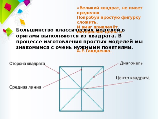 Диагональ центр. Великий квадрат не имеет пределов. Оригами Великий квадрат. Средняя линия квадрата. Великий квадрат не имеет углов.