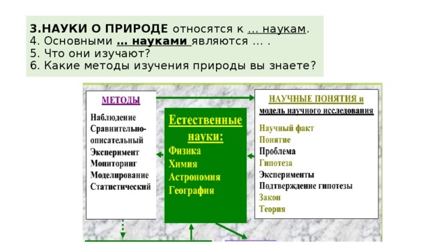 3.НАУКИ О ПРИРОДЕ относятся к … наукам .  4. Основными … науками являются … . 5. Что они изучают? 6. Какие методы изучения природы вы знаете? 