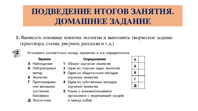 ПОДВЕДЕНИЕ ИТОГОВ ЗАНЯТИЯ. ДОМАШНЕЕ ЗАДАНИЕ 1. Выписать основные понятия экологии и выполнить творческое задание (кроссворд, схемы, рисунки, рассказы и т.д.) 