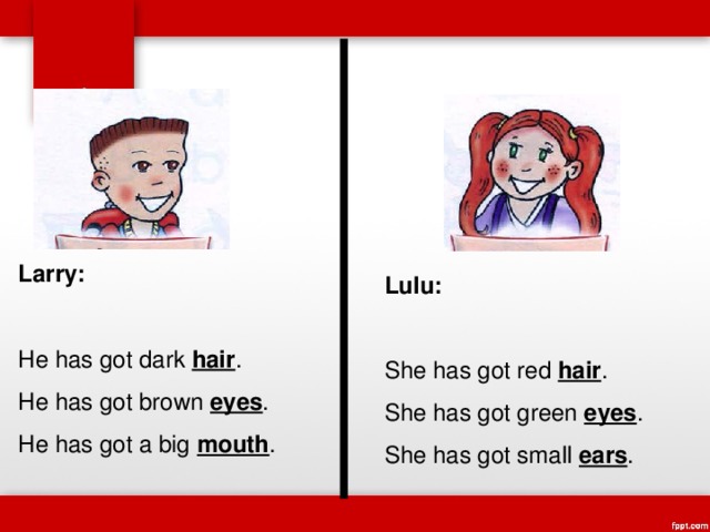 Larry: He has got dark hair . He has got brown eyes . He has got a big mouth . Lulu: She has got red hair . She has got green eyes . She has got small ears . 