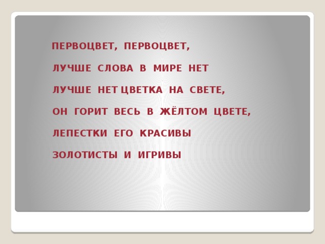 ПЕРВОЦВЕТ, ПЕРВОЦВЕТ,   ЛУЧШЕ СЛОВА В МИРЕ НЕТ   ЛУЧШЕ НЕТ ЦВЕТКА НА СВЕТЕ,   ОН ГОРИТ ВЕСЬ В ЖЁЛТОМ ЦВЕТЕ,   ЛЕПЕСТКИ ЕГО КРАСИВЫ   ЗОЛОТИСТЫ И ИГРИВЫ