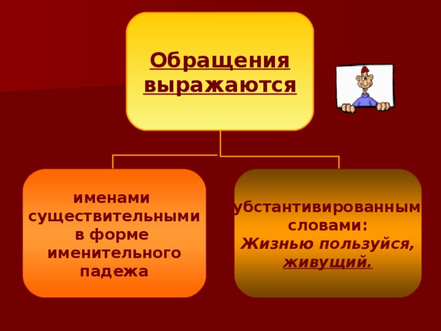 Обращения выражаются именами существительными в форме именительного падежа субстантивированными словами: Жизнью пользуйся, живущий.