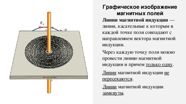 Графическое изображение магнитных полей Линии магнитной индукции — линии, касательные к которым в каждой точке поля совпадают с направлением вектора магнитной индукции.     1 8   2   Через каждую точку поля можно провести линию магнитной индукции и причем только одну . 3 7   4   6 Линии магнитной индукции не пересекаются . 5     Линии магнитной индукции замкнуты . 