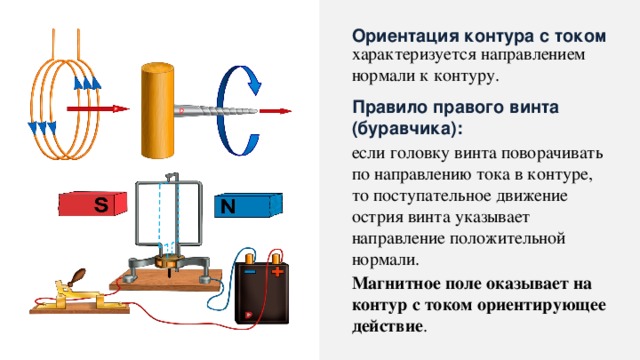 Ориентация контура с током характеризуется направлением нормали к контуру. Правило правого винта (буравчика): если головку винта поворачивать по направлению тока в контуре, то поступательное движение острия винта указывает направление положительной нормали. Магнитное поле оказывает на контур с током ориентирующее действие . 