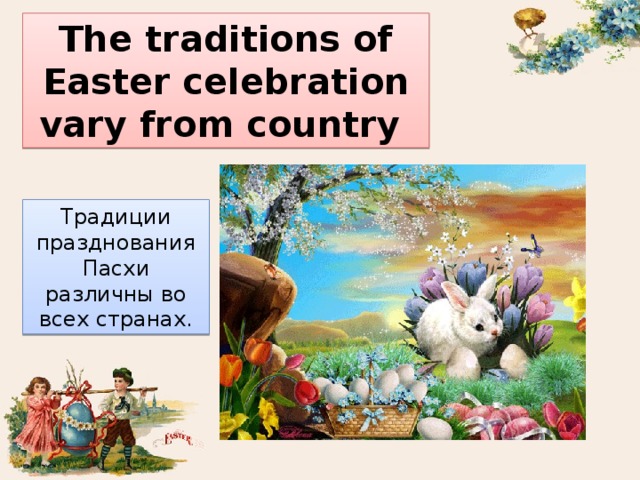 The traditions of Easter celebration vary from country Традиции празднования Пасхи различны во всех странах. 