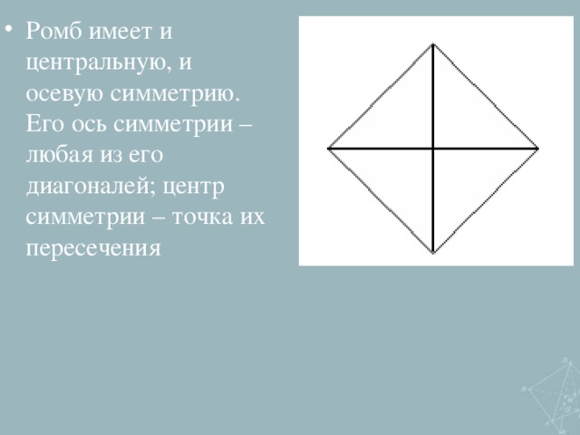 Симметрия ромба. Симметричный ромб. Ось симметрии ромба. Центр симметрии ромба.