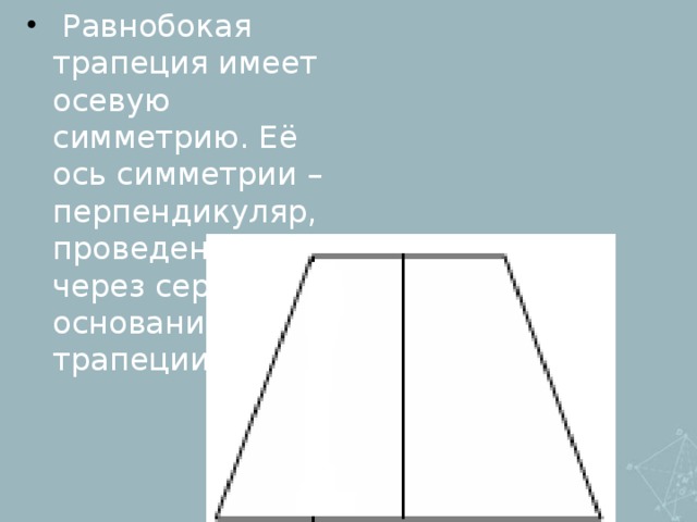 Трапеция симметричная фигура. Ось симметрии трапеции 2 класс. Осевая симметрия трапеции. Ось симметрии равнобедренной трапеции. Ось симметрии равнобокой трапеции.