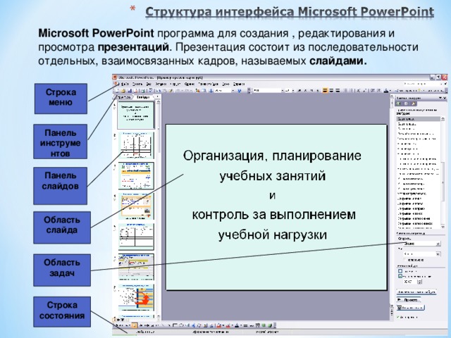 Microsoft PowerPoint программа для создания , редактирования и просмотра презентаций . Презентация состоит из последовательности отдельных, взаимосвязанных кадров, называемых слайдами. Строка меню Панель инструментов Панель слайдов Область слайда Область задач Строка состояния  