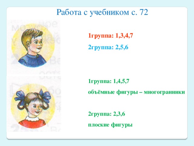 Работа с учебником с. 72 1группа: 1,3,4,7 2группа: 2,5,6 1группа: 1,4,5,7 объёмные фигуры – многогранники  2группа: 2,3,6 плоские фигуры 