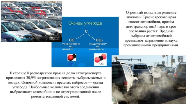 Огромный вклад в загрязнение экологии Красноярского края вносят автомобили, причём автотранспортный парк в крае постоянно растёт. Вредные выбросы от автомобилей превышают загрязнение воздуха промышленными предприятиями. В столице Красноярского края на долю автотранспорта приходится 30,9% загрязняющих веществ, выбрасываемых в воздух. Основной компонент вредных выбросов — оксид углерода. Наибольшее количество этого соединения выбрасывают автомобили с не отрегулированной после ремонта топливной системой. 