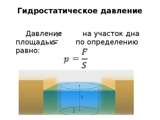 Гидростатическое давление    Давление     на участок дна площадью     по определению равно: 