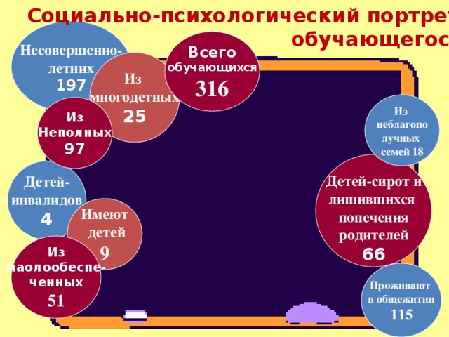  Социально-психологический портрет  обучающегося КПЛ Несовершенно- летних 197 Всего  обучающихся 316 Из многодетных 25 Из неблагопо лучных семей 18 Из Неполных 97  Детей-сирот и лишившихся попечения родителей 66 Детей- инвалидов 4 Имеют  детей 9 Из маолообеспе- ченных 51 Проживают в общежитии 115 