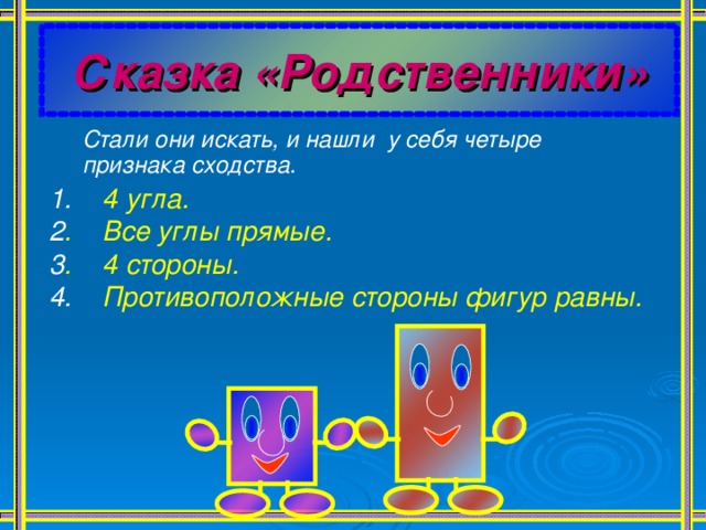 Сказка «Родственники» Стали они искать, и нашли у себя четыре признака сходства.   1. 4 угла. 2 . Все углы прямые. 3 . 4 стороны. 4. Противоположные стороны фигур равны. 