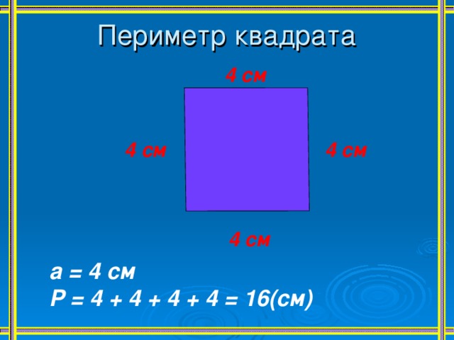 Периметр квадрата 4 см 4 см 4 см 4 см  а = 4 см  Р = 4 + 4 + 4 + 4 = 16(см) 