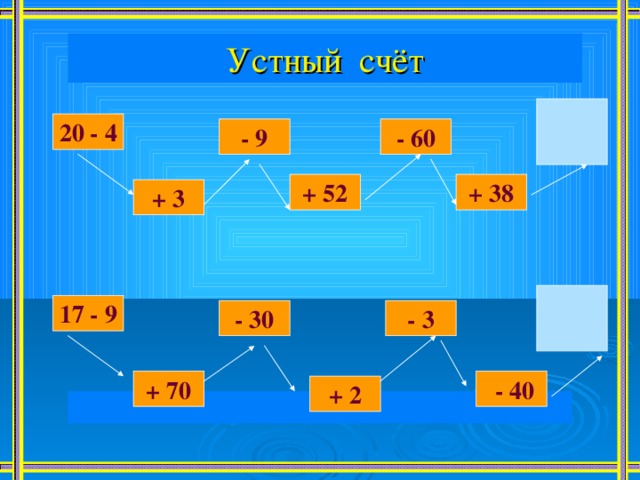 Устный счёт  20 - 4 - 60 - 9 + 38 + 52 + 3  17 - 9 - 3 - 30 + 70  - 40 + 2 