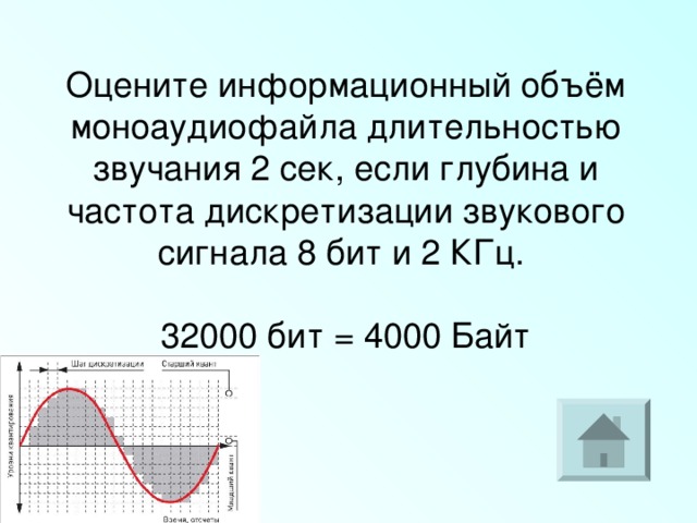 Частота глубина дискретизация звука. Оцените информационный объем моноаудиофайла длительностью. Объем моноаудиофайла. Информационный объем дискретизации. Рассчитайте время звучания моноаудиофайла.