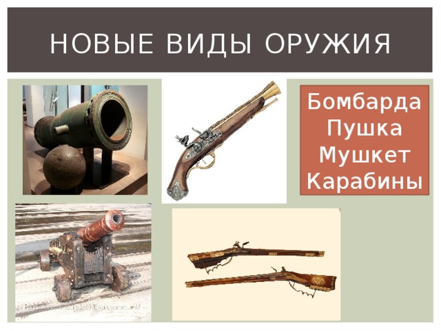Новые виды оружия Бомбарда Пушка Мушкет Карабины 