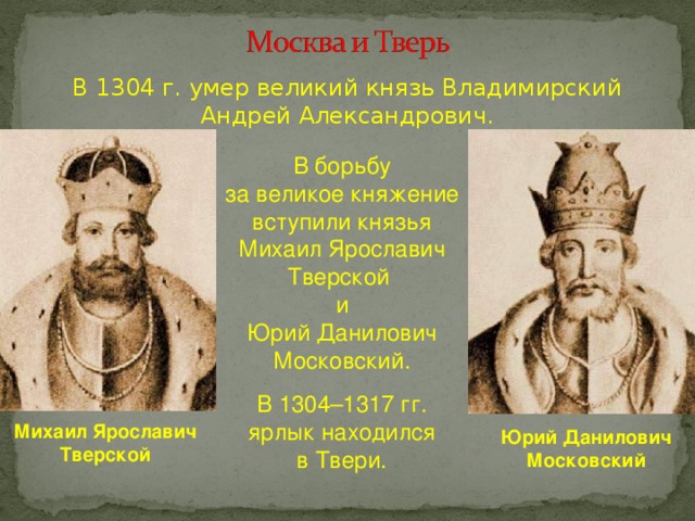 Князь присоединивший. Юрий Данилович Московский князь. Князь Андрей Ярославович. Андрей Ярославич годы правления. Михаил Ярославич Тверской борьба за ярлык.