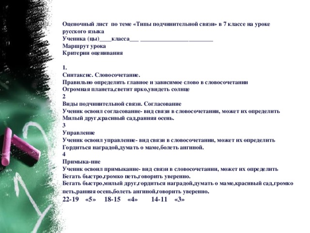 Оценочный лист по теме «Типы подчинительной связи» в 7 классе на уроке русского языка  Ученика (цы)____класса___ ________________________  Маршрут урока  Критерии оценивания   1.  Синтаксис. Словосочетание.  Правильно определить главное и зависимое слово в словосочетании  Огромная планета,светит ярко,увидеть солнце  2  Виды подчинительной связи. Согласование  Ученик освоил согласование- вид связи в словосочетании, может их определить  Милый друг,красивый сад,ранняя осень.  3  Управление  Ученик освоил управление- вид связи в словосочетании, может их определить  Гордиться наградой,думать о маме,болеть ангиной.  4  Примыка-ние  Ученик освоил примыкание- вид связи в словосочетании, может их определить  Бегать быстро,громко петь,говорить уверенно.  Бегать быстро,милый друг,гордиться наградой,думать о маме,красивый сад,громко петь,ранняя осень,болеть ангиной,говорить уверенно .  22-19 «5» 18-15 «4» 14-11 «3»   