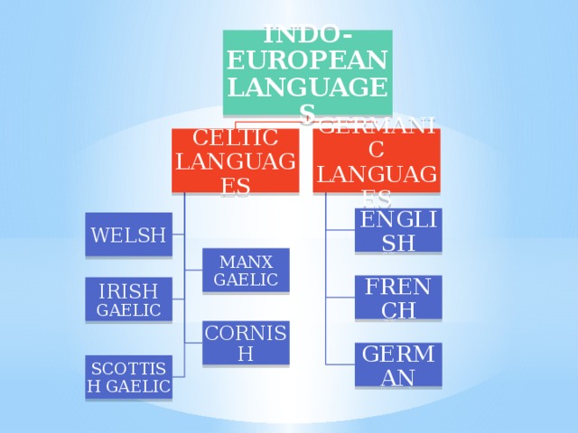 INDO-EUROPEAN LANGUAGES GERMANIC LANGUAGES CELTIC LANGUAGES ENGLISH WELSH MANX GAELIC FRENCH IRISH GAELIC CORNISH GERMAN SCOTTISH GAELIC 