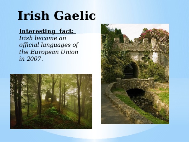 Irish Gaelic  Interesting fact: Irish became an official languages of the European Union in 2007. 