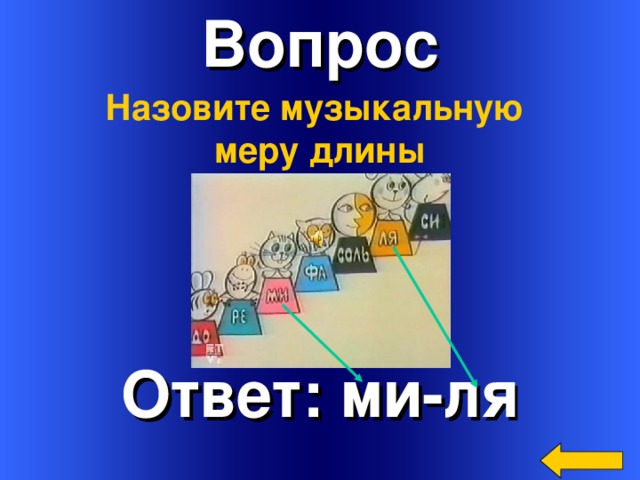 Вопрос Назовите музыкальную меру длины Ответ: ми-ля Welcome to Power Jeopardy   © Don Link, Indian Creek School, 2004 You can easily customize this template to create your own Jeopardy game. Simply follow the step-by-step instructions that appear on Slides 1-3.