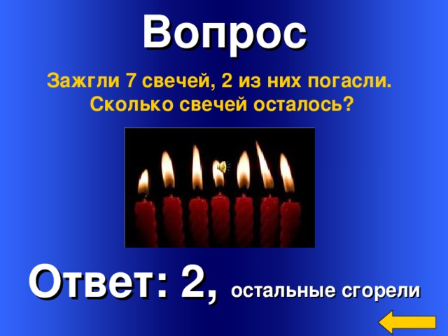 Вопрос Зажгли 7 свечей, 2 из них погасли. Сколько свечей осталось?  Ответ: 2, остальные сгорели Welcome to Power Jeopardy   © Don Link, Indian Creek School, 2004 You can easily customize this template to create your own Jeopardy game. Simply follow the step-by-step instructions that appear on Slides 1-3.