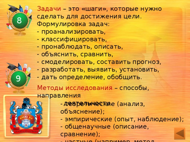 Задачи – это «шаги», которые нужно сделать для достижения цели. Формулировка задач: - проанализировать, - классифицировать, - пронаблюдать, описать, - объяснить, сравнить, - смоделировать, составить прогноз, - разработать, выявить, установить, - дать определение, обобщить. 8 9 Методы исследования – способы, направления  деятельности. - теоретические (анализ, объяснение);  - эмпирические (опыт, наблюдение);  - общенаучные (описание, сравнение);  - частные (например, метод световой  микроскопии) и др. 