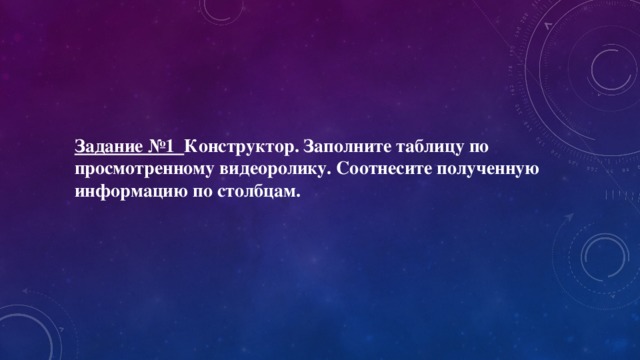 Задание №1 Конструктор. Заполните таблицу по просмотренному видеоролику. Соотнесите полученную информацию по столбцам. 
