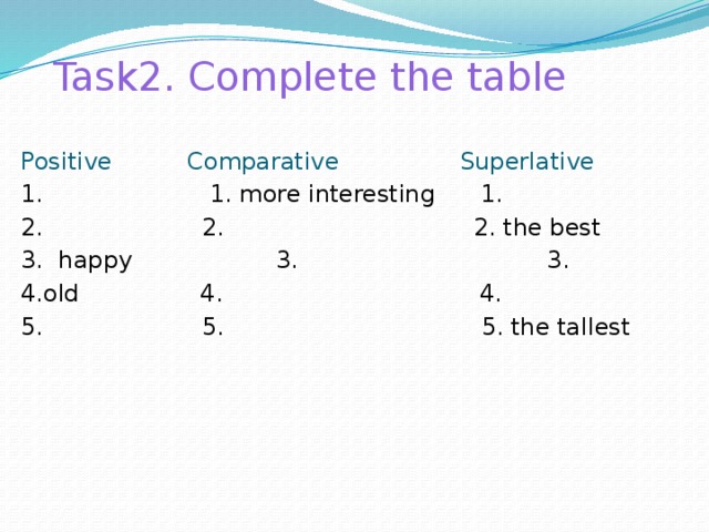 Task 1. Write comparative degree of adjectives. Big- noisy- beautiful- good- Nice- short- interesting- bad- 