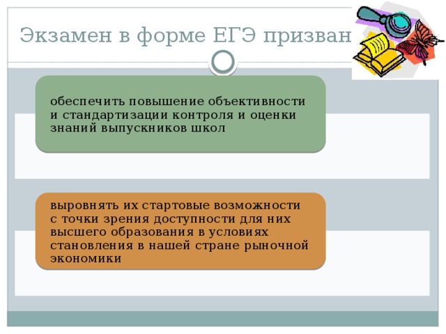 Экзамен в форме ЕГЭ призван: обеспечить повышение объективности и стандартизации контроля и оценки знаний выпускников школ выровнять их стартовые возможности с точки зрения доступности для них высшего образования в условиях становления в нашей стране рыночной экономики 