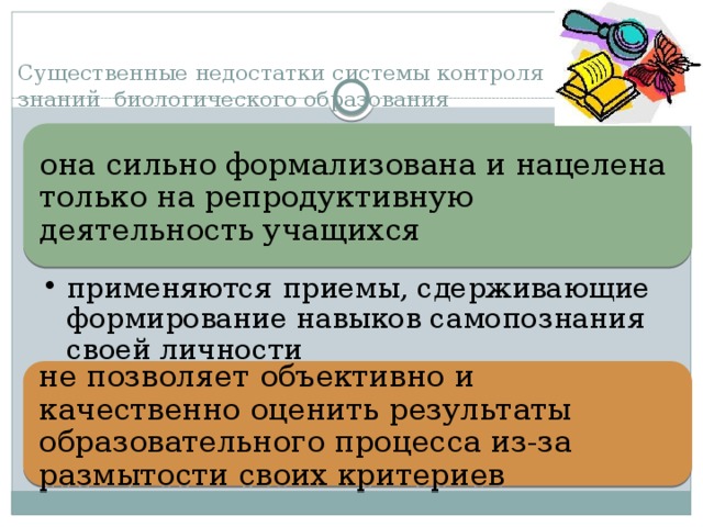 Существенные недостатки системы контроля знаний биологического образования она сильно формализована и нацелена только на репродуктивную деятельность учащихся применяются  приемы, сдерживающие формирование навыков самопознания своей личности применяются  приемы, сдерживающие формирование навыков самопознания своей личности не позволяет  объективно и качественно оценить результаты образовательного процесса из-за размытости своих критериев 