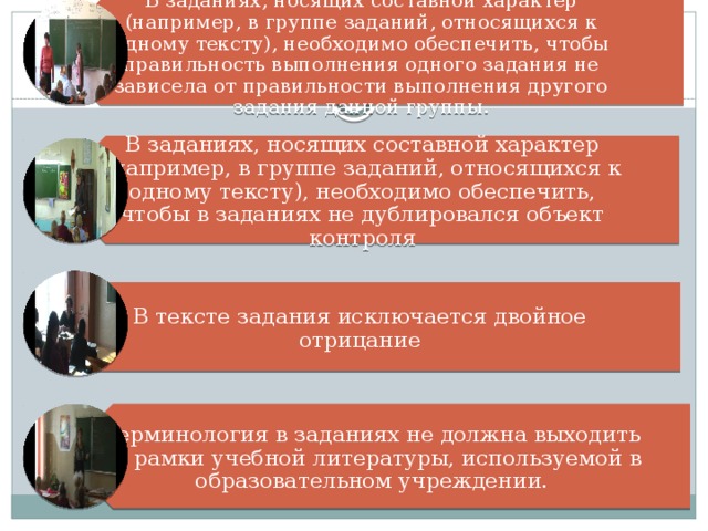 В заданиях, носящих составной характер (например, в группе заданий, относящихся к одному тексту), необходимо обеспечить, чтобы правильность выполнения одного задания не зависела от правильности выполнения другого задания данной группы. В заданиях, носящих составной характер (например, в группе заданий, относящихся к одному тексту), необходимо обеспечить, чтобы в заданиях не дублировался объект контроля В тексте задания исключается двойное отрицание Терминология в заданиях не должна выходить за рамки учебной литературы, используемой в образовательном учреждении. 