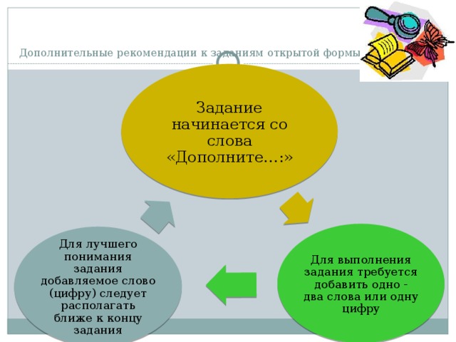 Дополнительные рекомендации к заданиям открытой формы   Задание начинается со слова «Дополните…:» Для выполнения задания требуется добавить одно - два слова или одну цифру Для лучшего понимания задания добавляемое слово (цифру) следует располагать ближе к концу задания 