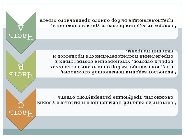 Часть А содержит задания базового уровня сложности, предполагающие выбор одного правильного ответа содержит задания базового уровня сложности, предполагающие выбор одного правильного ответа Часть В включает задания повышенной сложности, предполагающие выбор одного или нескольких верных ответов, установления соответствия и определения последовательности процессов и явлений природы. включает задания повышенной сложности, предполагающие выбор одного или нескольких верных ответов, установления соответствия и определения последовательности процессов и явлений природы. Часть С состоит из заданий повышенного и высокого уровня сложности, требующие развернутого ответа состоит из заданий повышенного и высокого уровня сложности, требующие развернутого ответа 