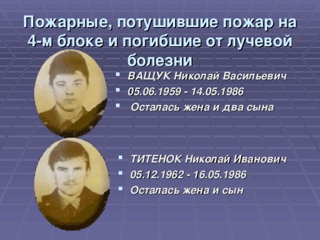 Пожарные, потушившие пожар на 4-м блоке и погибшие от лучевой болезни ВАЩУК Николай Васильевич 05.06.1959 - 14.05.1986   Осталась жена и два сына ТИТЕНОК Николай Иванович 05.12.1962 - 16.05.1986  Осталась жена и сын 