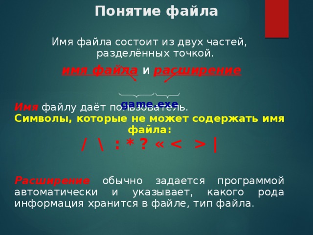 Понятия имена. Понятие файла, имени файла. Имя файла не может содержать. Дайте понятие файла. Понятие о файле. Полное имя файла..