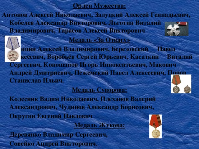 Орден Мужества: Антонов Алексей Николаевич, Залуцкий Алексей Геннадьевич, Кобелев Александр Викторович, Льготин Виталий Владимирович, Тарасов Алексей Викторович Медаль «За Отвагу»   Антипин Алексей Владимирович, Березовский   Павел Алексеевич, Воробьёв Сергей Юрьевич, Касаткин  Виталий Сергеевич, Коношанов Игорь Иннокентьевич, Макович Андрей Дмитриевич, Пежемский Павел Алексеевич, Попов Станислав Ильич. Медаль Суворова:  Колесник Вадим Николаевич, Плеханов Валерий Александрович, Чудинов Александр Борисович,  Округин Евгений Павлович Медаль Жукова:  Деревянко Владимир Сергеевич,  Совейко Андрей Викторович. 