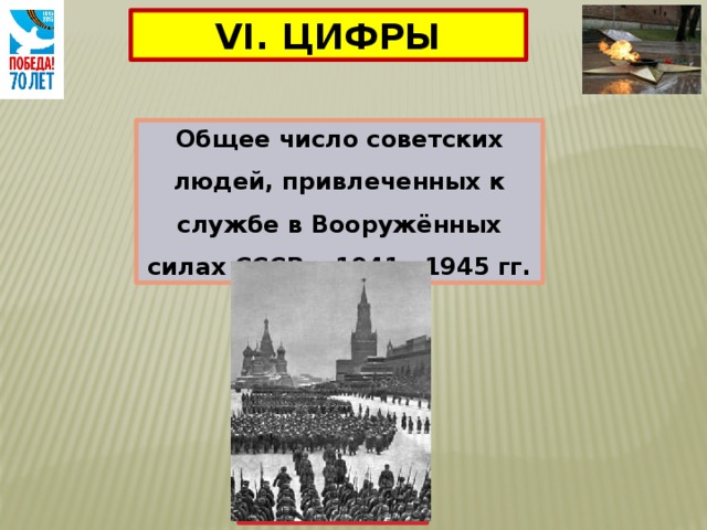 VI. ЦИФРЫ Общее число советских людей, привлеченных к службе в Воору­жённых силах СССР в 1941—1945 гг. 34 млн 476 тысяч 700 человек 
