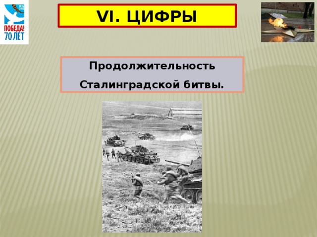 VI. ЦИФРЫ Продолжительность Сталинградской битвы. 200 дней 